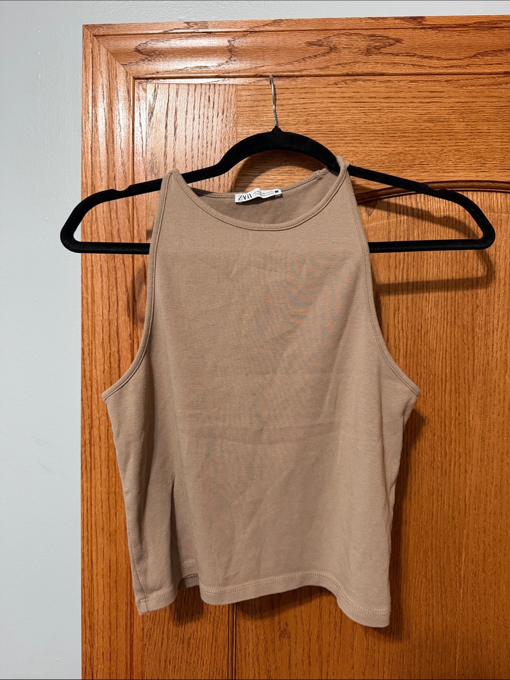 ZARA Taupe Ribbed High-Neck Tank Top
